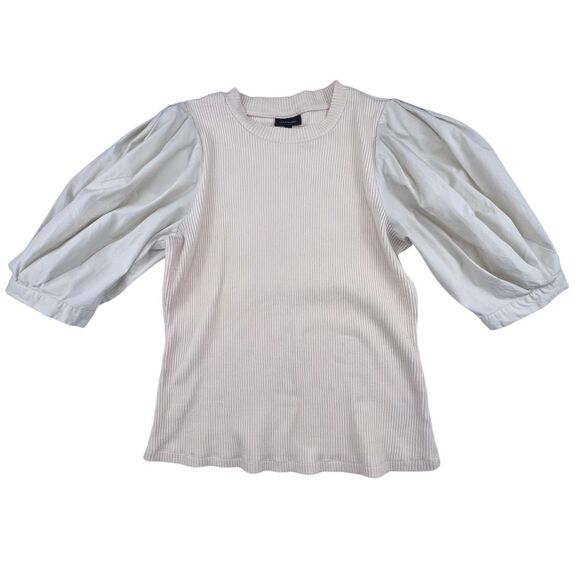 Who What Wear Blouse Small Ribbed Knit Modern Chic Contrast Puff Sleeve Top - Picture 5 of 10